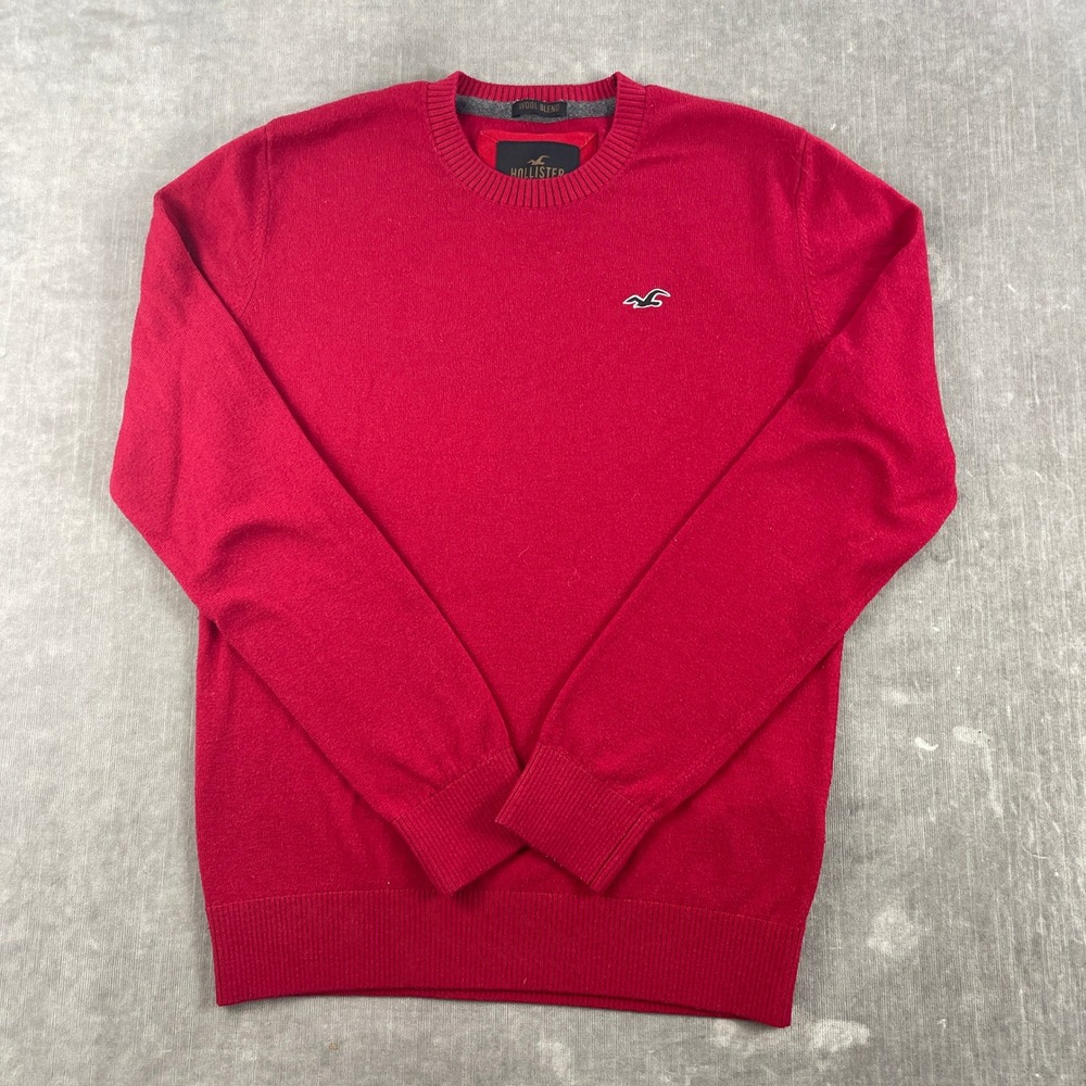 Hollister Men XS Red Sweater Wool Blend Crewneck Logo Pullover
